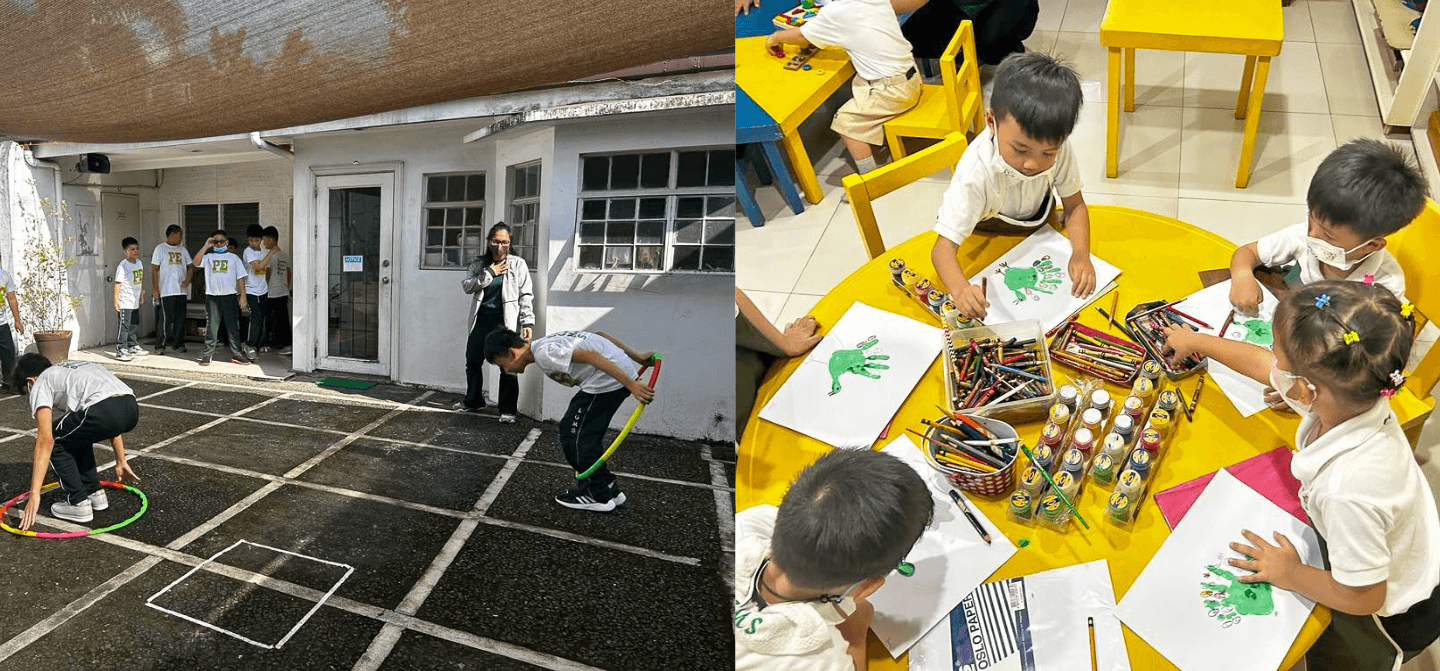 Students in a PE class and an art activity